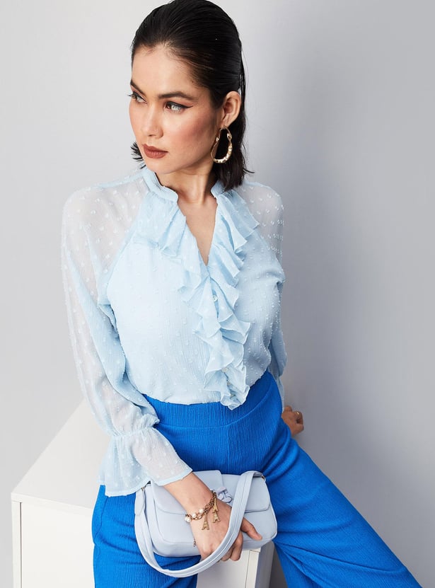 Women Dobby Woven Ruffled Blouse