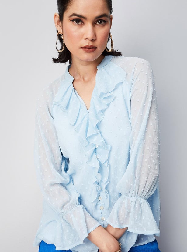 Women Dobby Woven Ruffled Blouse