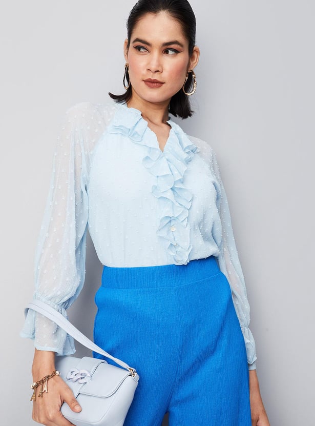 Women Dobby Woven Ruffled Blouse