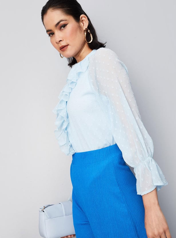 Women Dobby Woven Ruffled Blouse