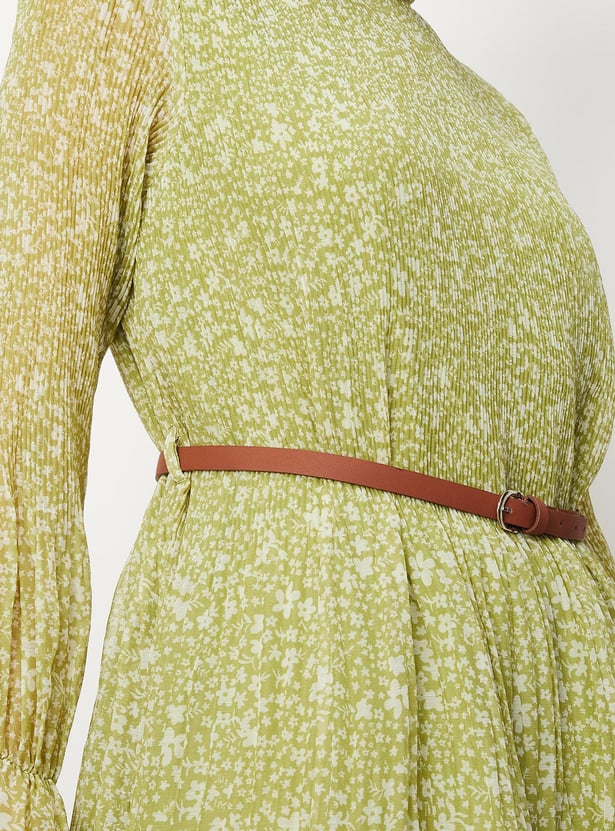 Women's Green Floral A Line Dress with Belt