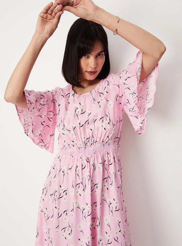 Women Printed Flutter Sleeve Mid Dress