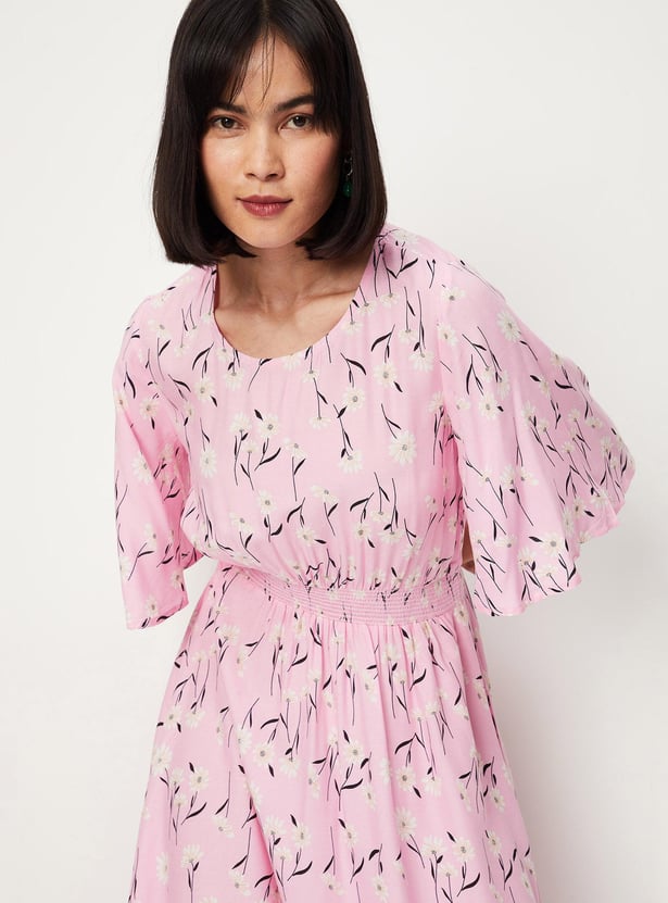 Women Printed Flutter Sleeve Mid Dress