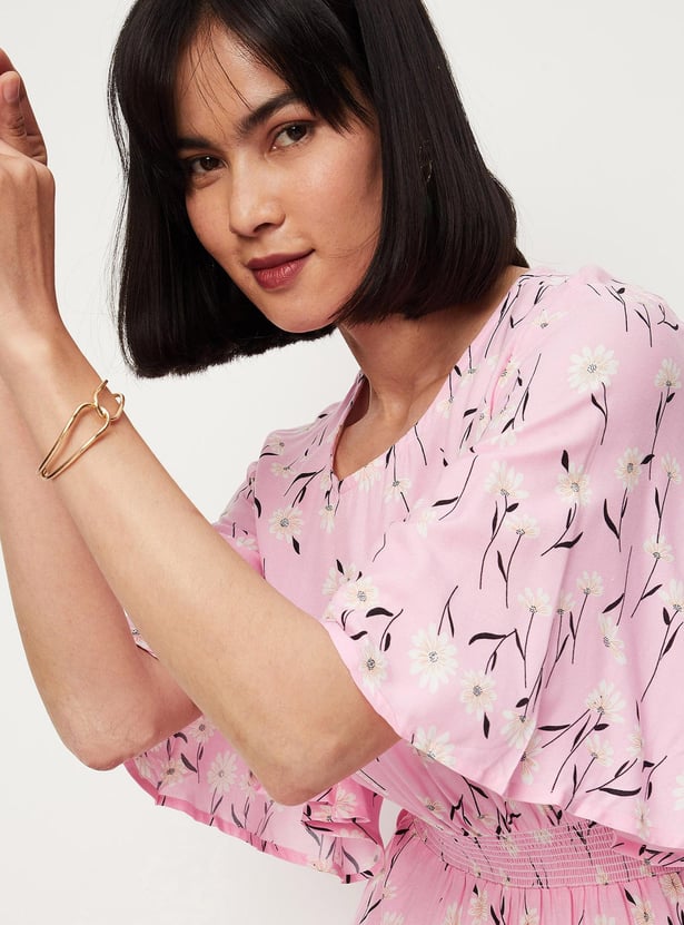 Women Printed Flutter Sleeve Mid Dress