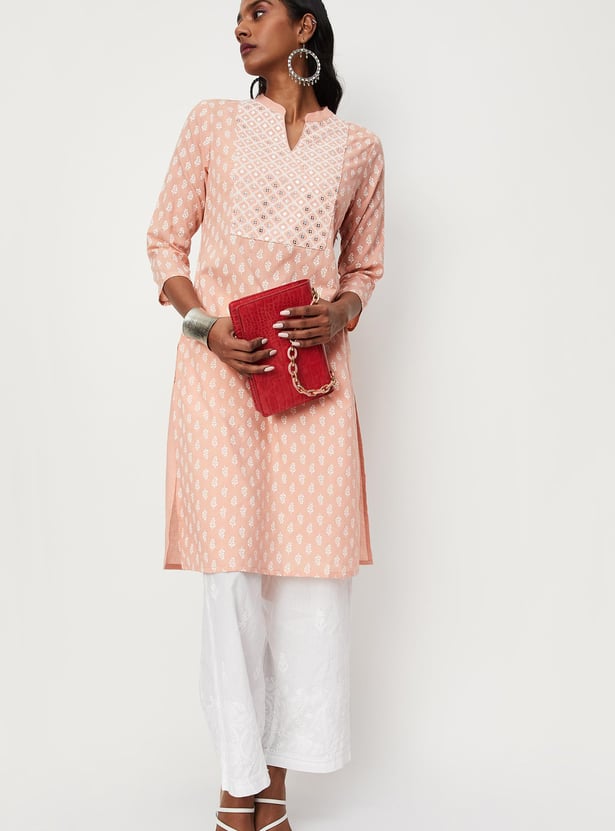 Women Embroidered Band Collar Straight Kurta