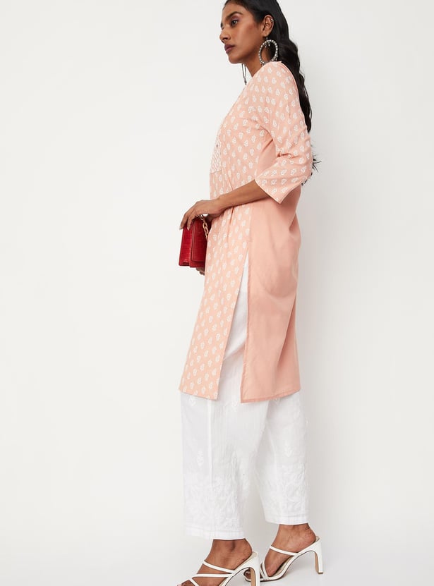 Women Embroidered Band Collar Straight Kurta
