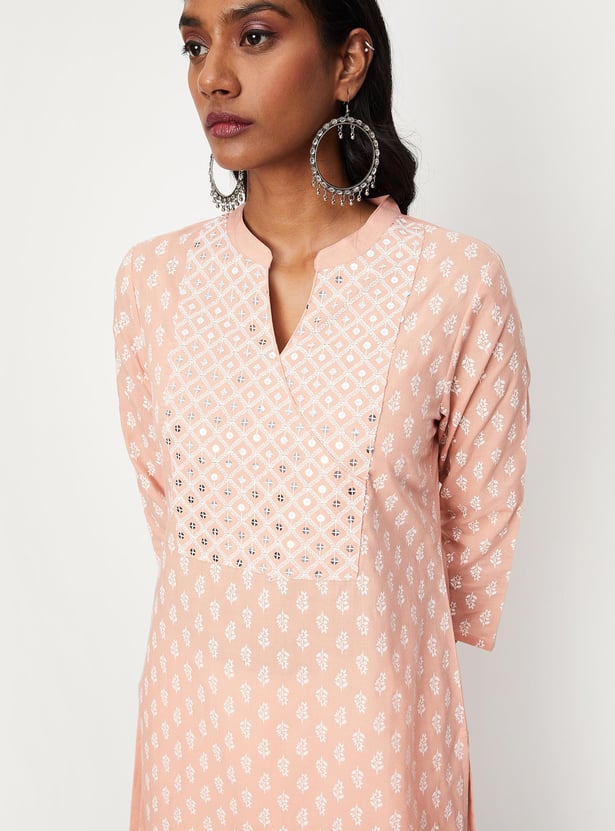 Women Embroidered Band Collar Straight Kurta