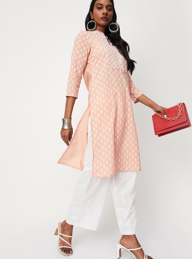 Women Embroidered Band Collar Straight Kurta