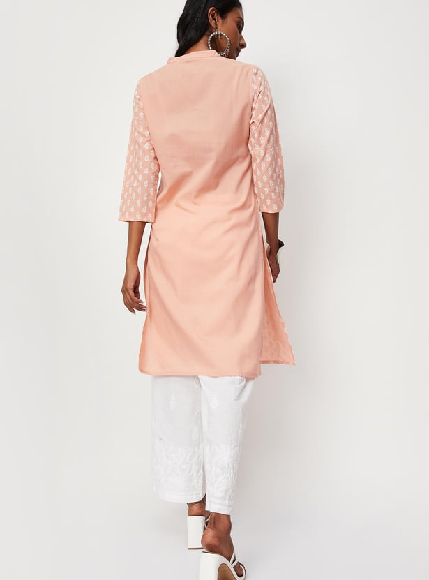 Women Embroidered Band Collar Straight Kurta
