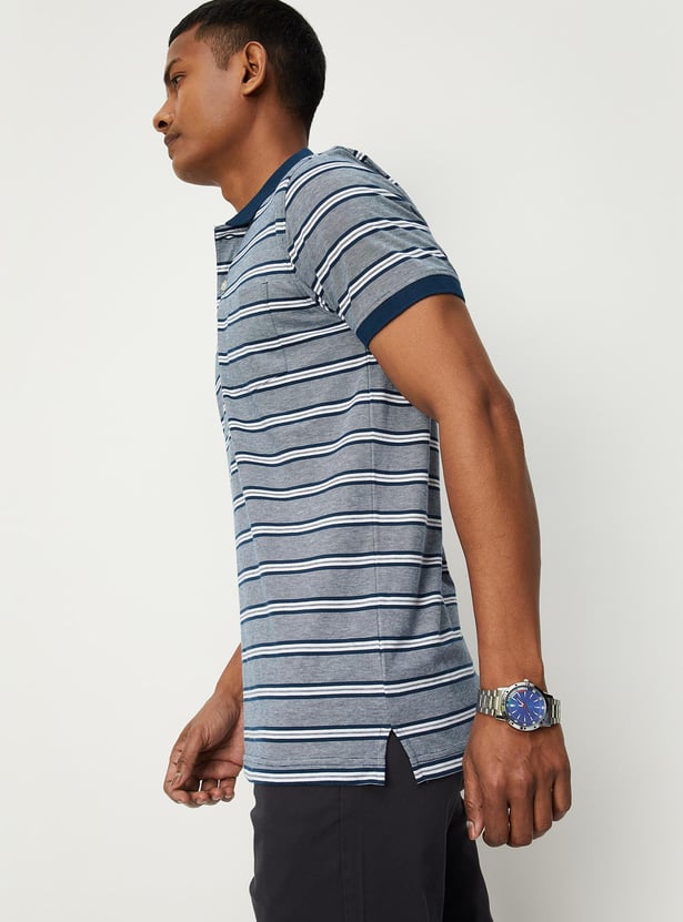 Men Striped Pocket Slim Fit Polo