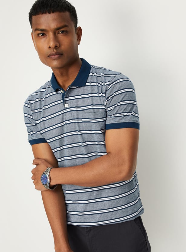 Men Striped Pocket Slim Fit Polo