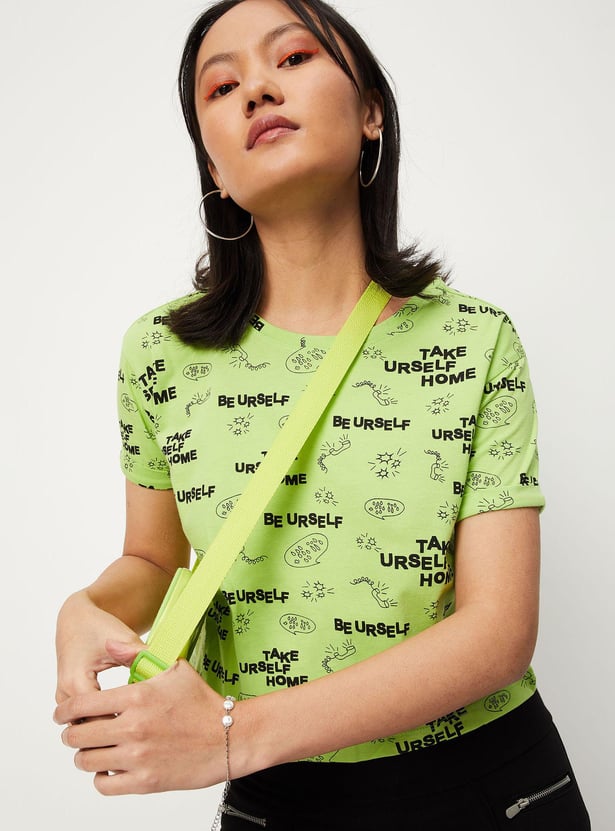Women Typographic Printed Round Neck Crop T-shirt