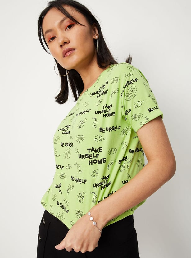 Women Typographic Printed Round Neck Crop T-shirt