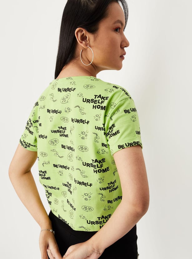 Women Typographic Printed Round Neck Crop T-shirt