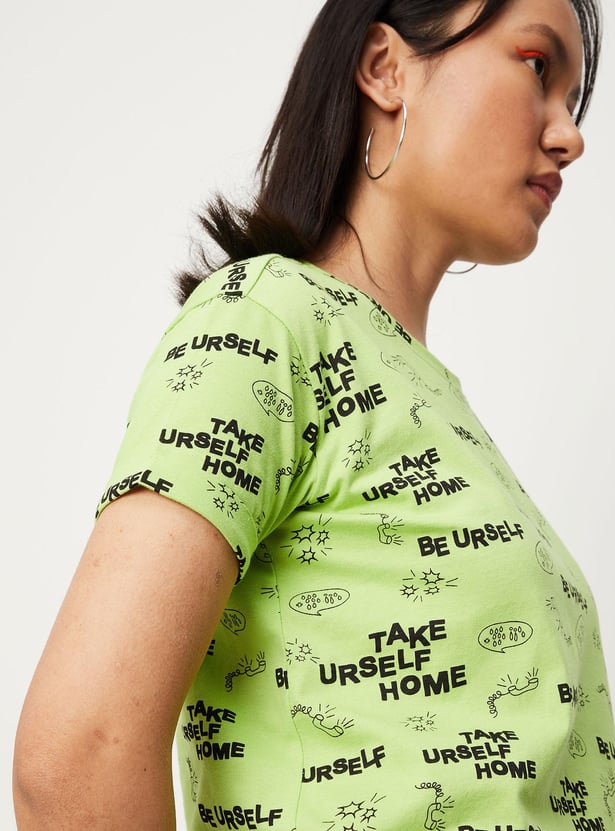 Women Typographic Printed Round Neck Crop T-shirt