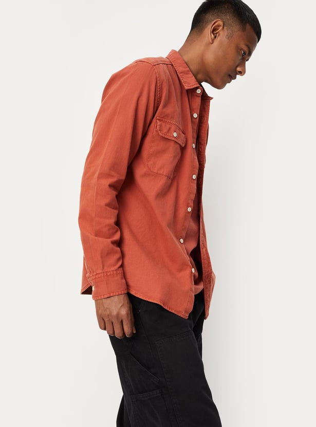 double pocket orange denim shirt mens