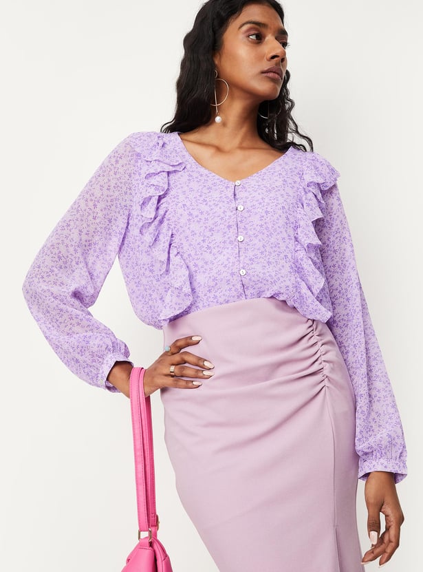 Women Printed Ruffle Details Casual Top