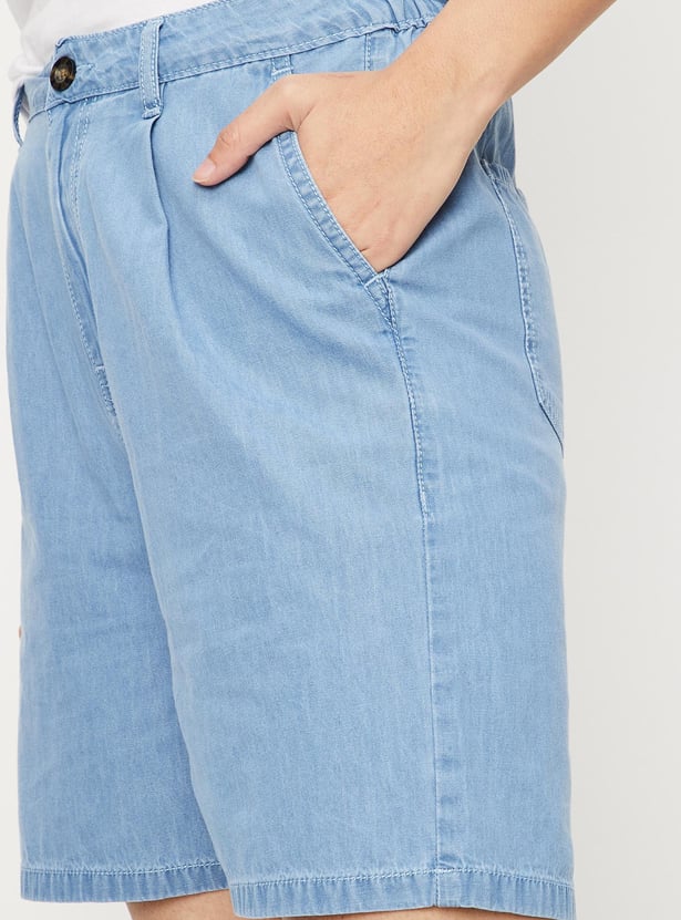 Women Solid Pleated Denim Shorts