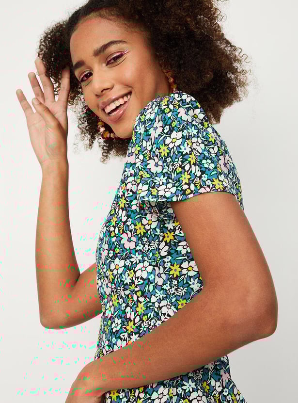 Women Printed Sqaure Neck A-line Dress