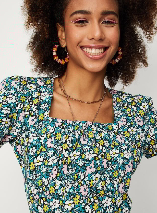 Women Printed Sqaure Neck A-line Dress
