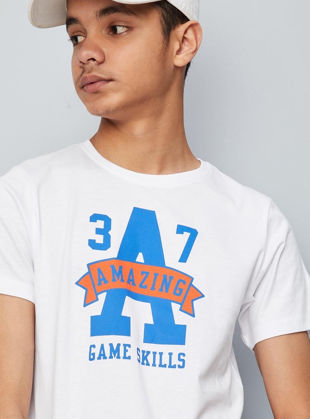 Boys Typographic Printed Cotton Knit T-shirt