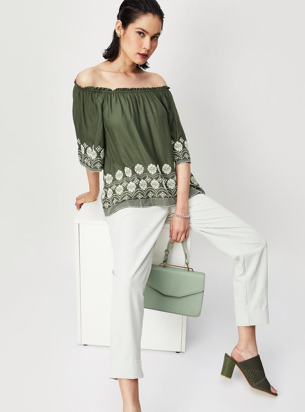 Women Embroidered Broad Neck Top