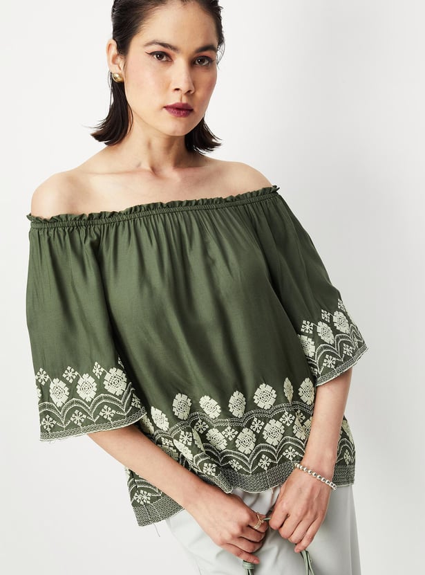 Women Embroidered Broad Neck Top