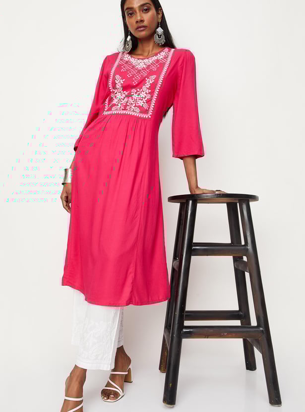 Women Embroidered Round Neck A-Line Kurta