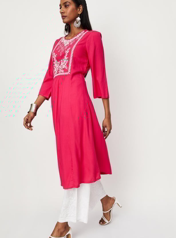 Women Embroidered Round Neck A-Line Kurta