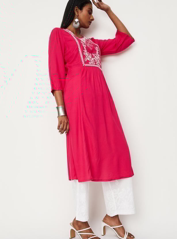 Women Embroidered Round Neck A-Line Kurta