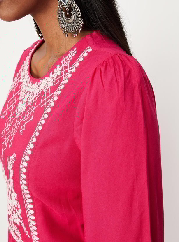 Women Embroidered Round Neck A-Line Kurta