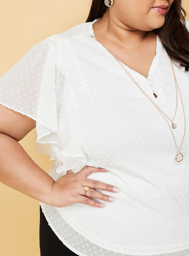 Women Dobby Woven Flutter Sleeves Blouse
