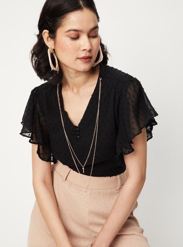Women Dobby Woven Flutter Sleeves Blouse