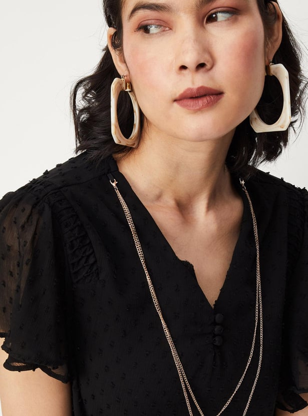 Women Dobby Woven Flutter Sleeves Blouse