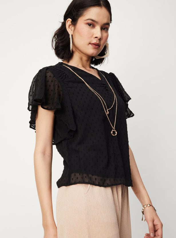 Women Dobby Woven Flutter Sleeves Blouse