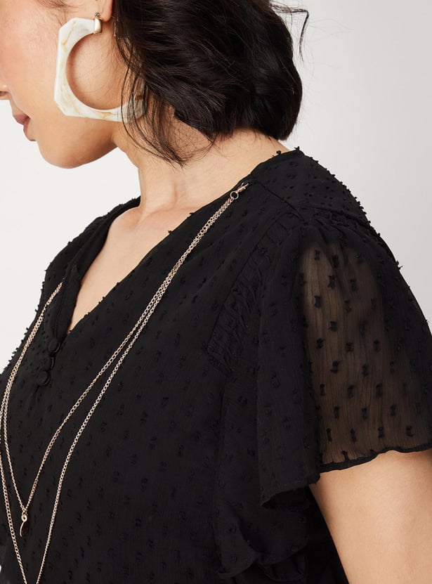 Women Dobby Woven Flutter Sleeves Blouse