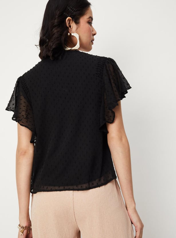 Women Dobby Woven Flutter Sleeves Blouse