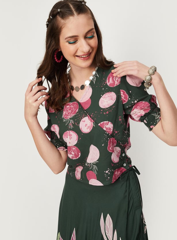 Women Printed Overlap Crop Top