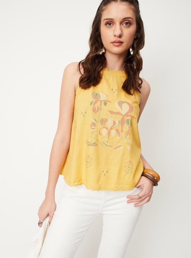 Women Printed Scalloped Hem Halter Neck Top