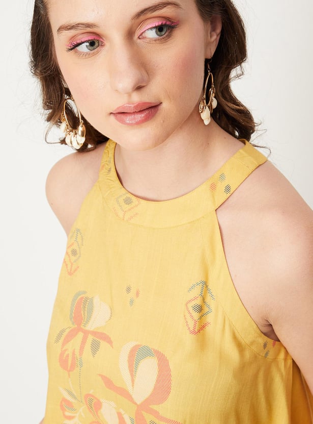 Women Printed Scalloped Hem Halter Neck Top
