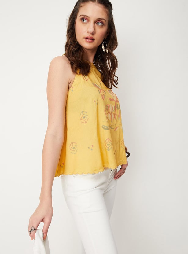 Women Printed Scalloped Hem Halter Neck Top