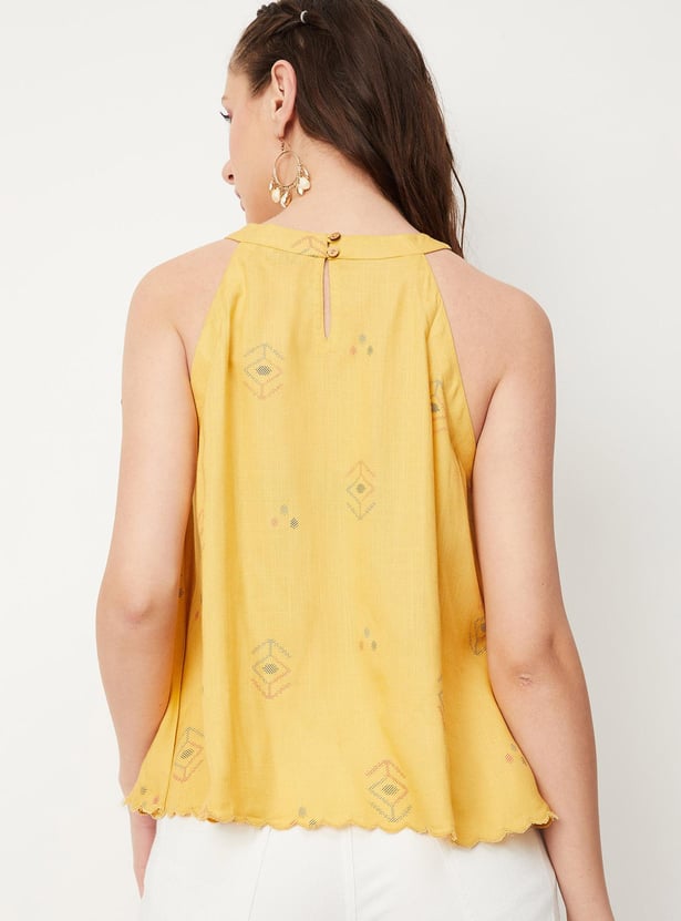 Women Printed Scalloped Hem Halter Neck Top