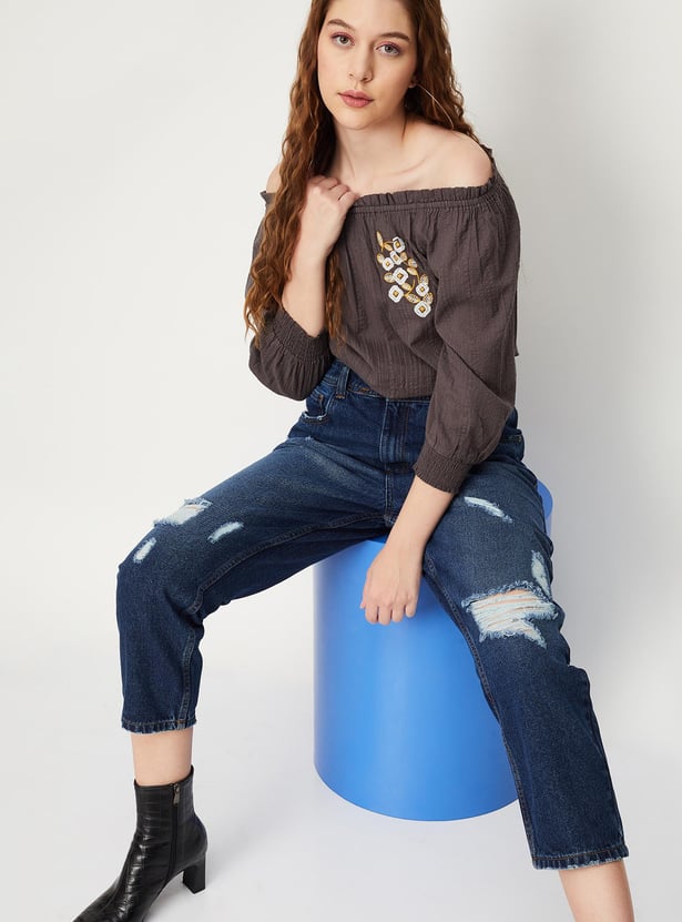 Women Embroidered Bubble Hem Crop Top