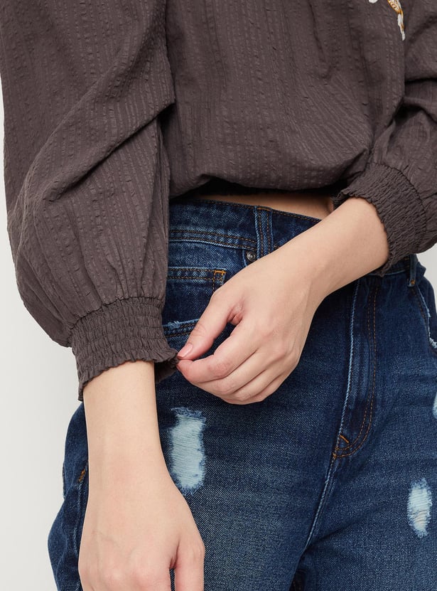 Women Embroidered Bubble Hem Crop Top