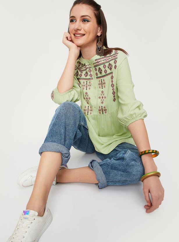 Women Embroidered Blouson Sleeve Tunic