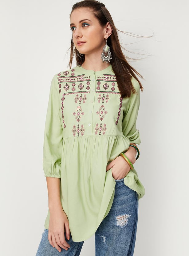 Women Embroidered Blouson Sleeve Tunic