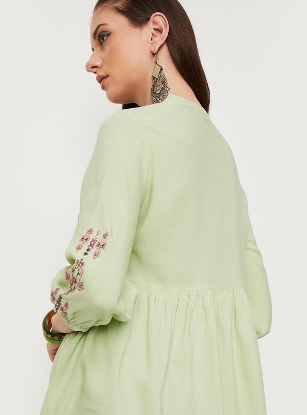 Women Embroidered Blouson Sleeve Tunic