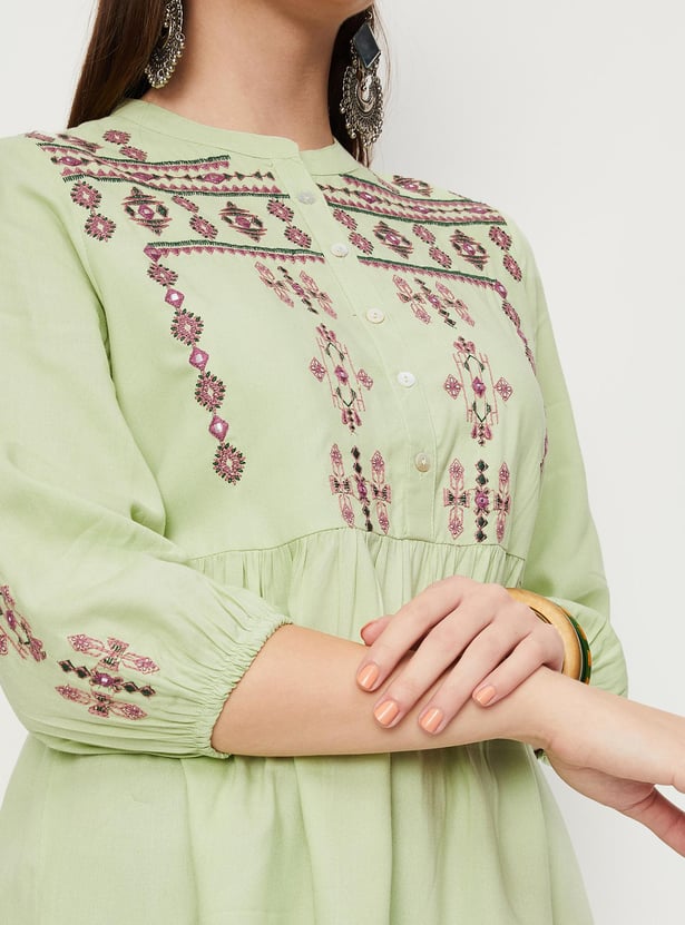 Women Embroidered Blouson Sleeve Tunic