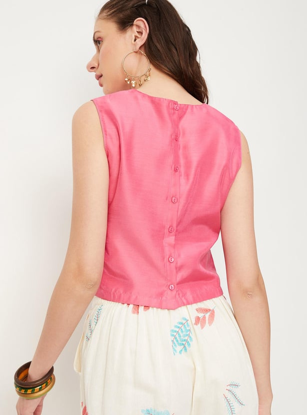 Women Embroidered Round Neck Crop Top