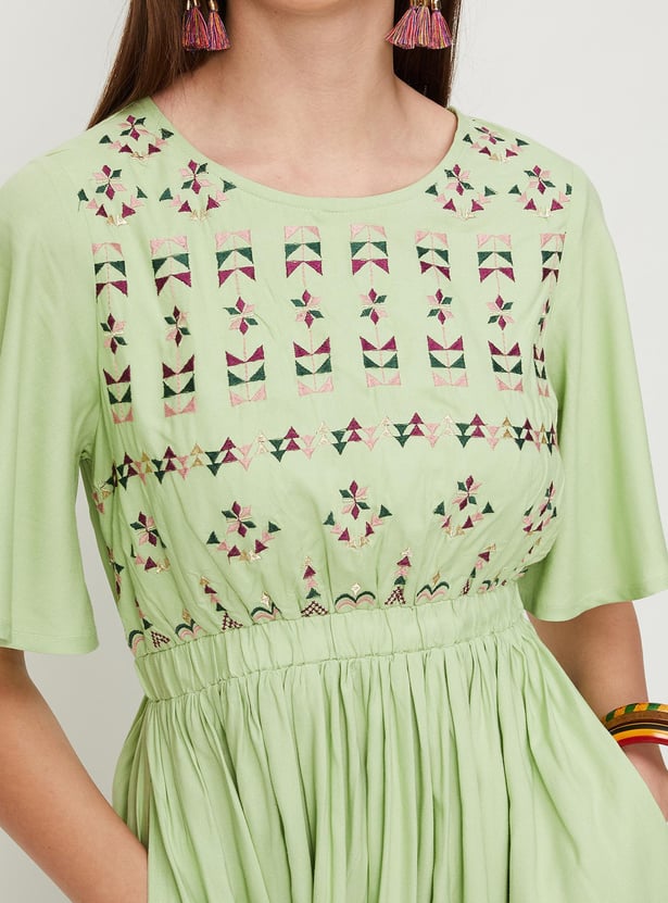 Women Embroidered Flutter Sleeve Dress